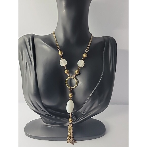 Vintage Gold Tone Tassel Necklace White Bead Boho Statement Pendant Jewelry - Picture 2 of 13